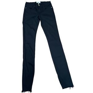 FRAME Le Skinny De Jeanne Mid Rise Side Slit Jeans Black Film Noir Raw Hem 25